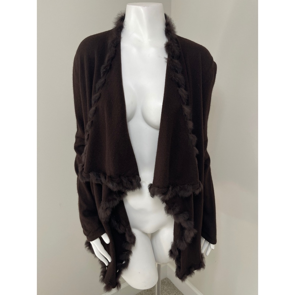 Chocolate Brown Rabbit Fur Trim Angora Wool Open Cardigan Sweater S Mob Wife